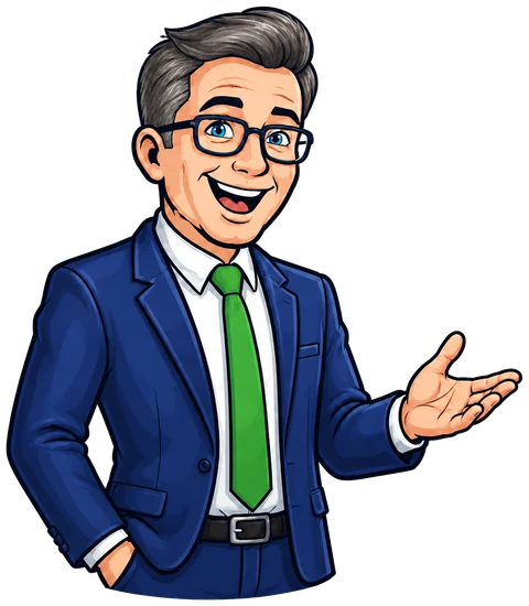 The CMDB Guy character: a smiling man with glasses in a navy suit and green tie, one hand held out in welcome.